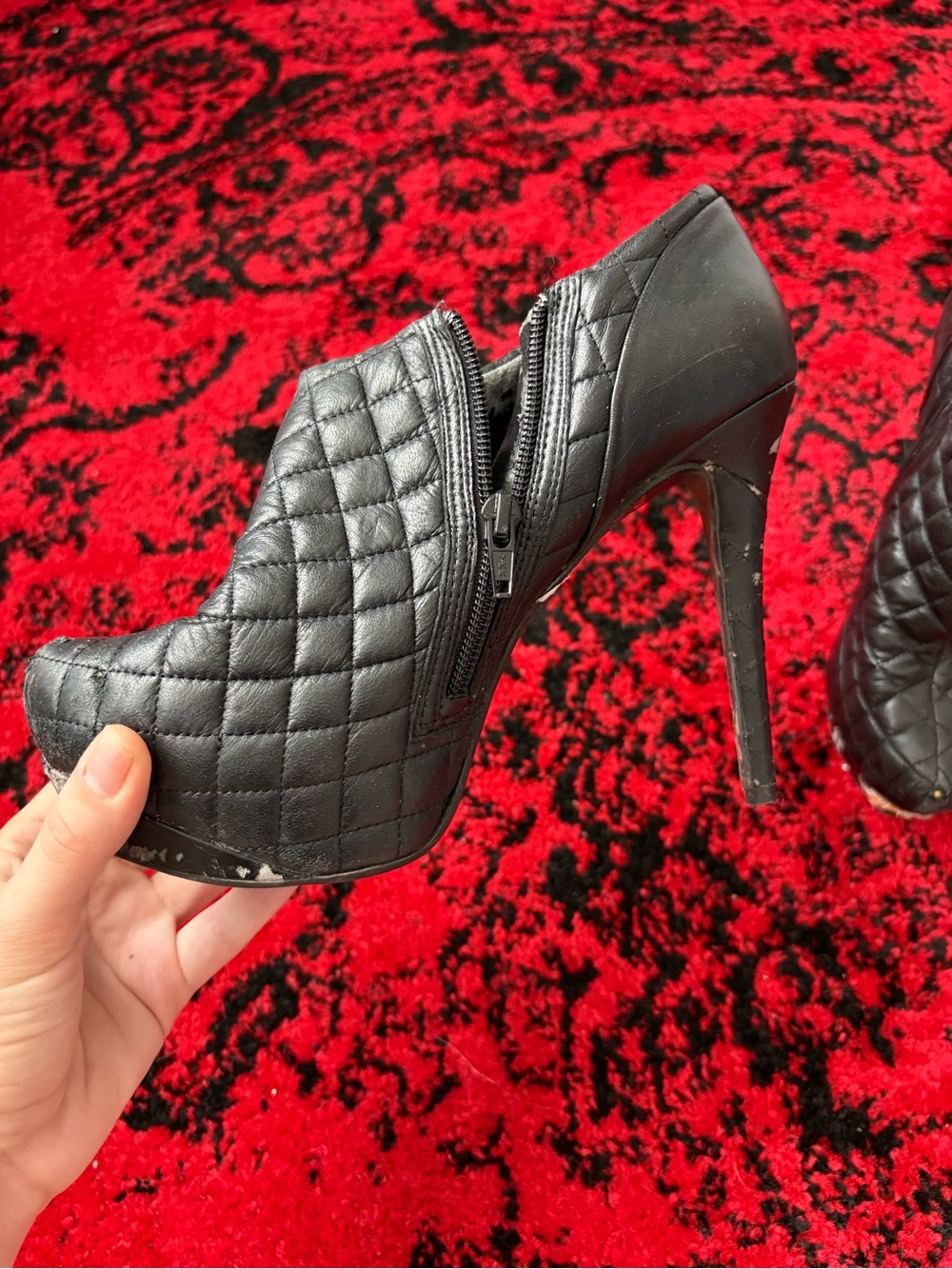 Women’s Black Quilted High Heel Ankle Booties with Side Zip
